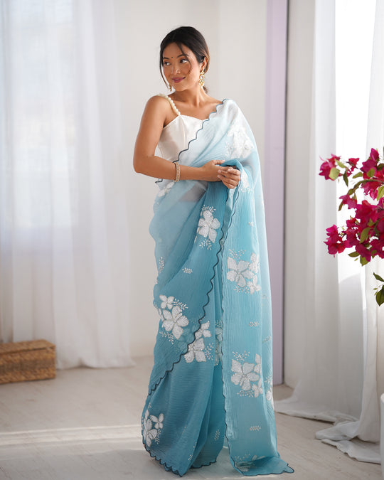 Sky Blue Candy Crush Padding Sequins Embroidery Work Ultra Sattin Saree With Blouse Piece