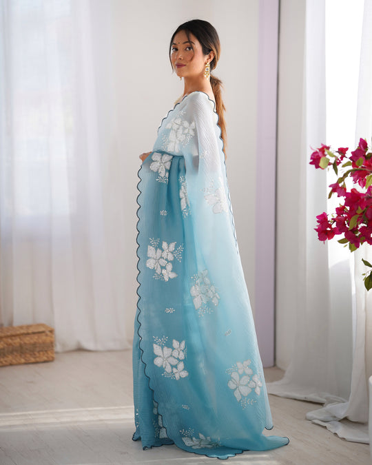 Sky Blue Candy Crush Padding Sequins Embroidery Work Ultra Sattin Saree With Blouse Piece