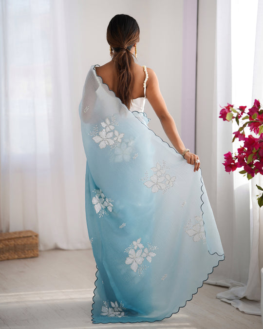 Sky Blue Candy Crush Padding Sequins Embroidery Work Ultra Sattin Saree With Blouse Piece