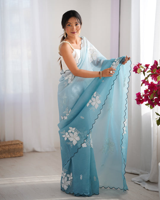 Sky Blue Candy Crush Padding Sequins Embroidery Work Ultra Sattin Saree With Blouse Piece