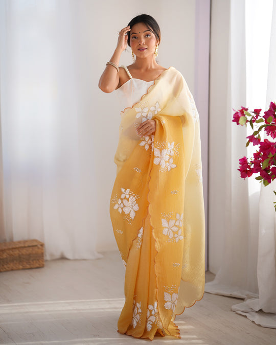 Yellow Candy Crush Padding Sequins Embroidery Work Ultra Sattin Saree With Blouse Piece