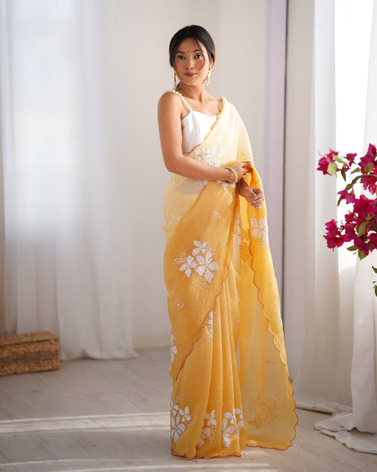 Yellow Candy Crush Padding Sequins Embroidery Work Ultra Sattin Saree With Blouse Piece