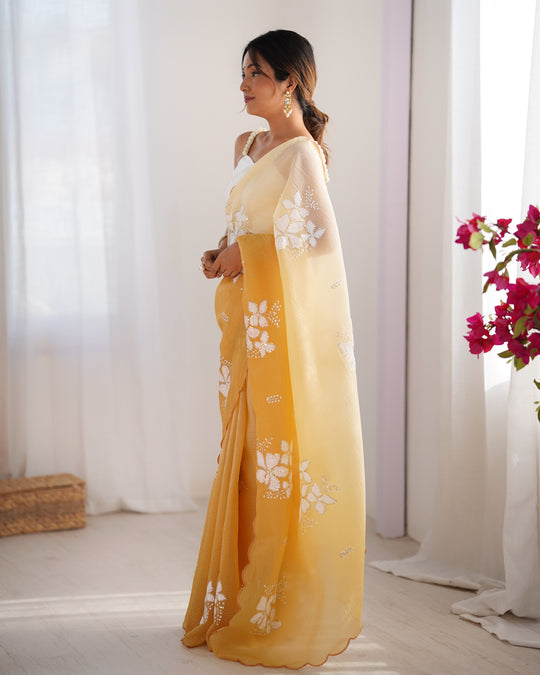 Yellow Candy Crush Padding Sequins Embroidery Work Ultra Sattin Saree With Blouse Piece