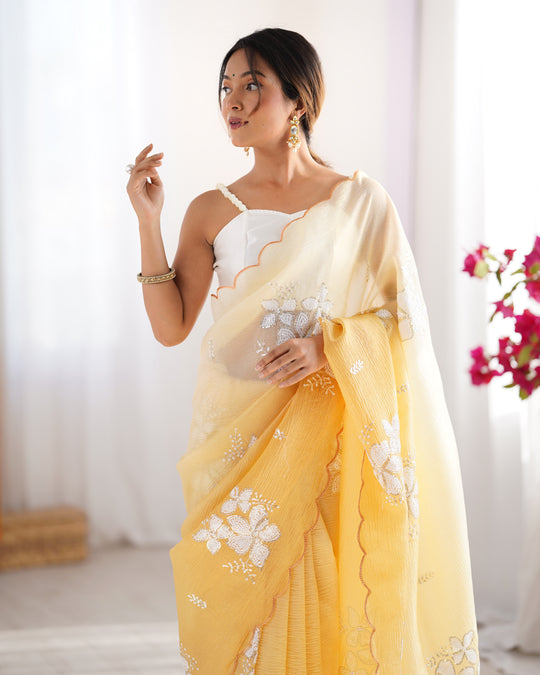 Yellow Candy Crush Padding Sequins Embroidery Work Ultra Sattin Saree With Blouse Piece