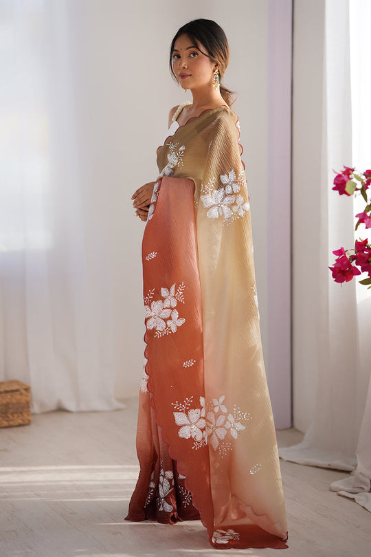 Multi Colour Crunchy Crush Pandding Dual Sequins Embroiderd Work Saree With Blouse Piece