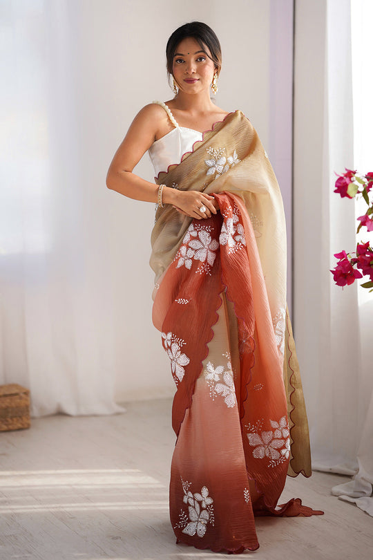Multi Colour Crunchy Crush Pandding Dual Sequins Embroiderd Work Saree With Blouse Piece
