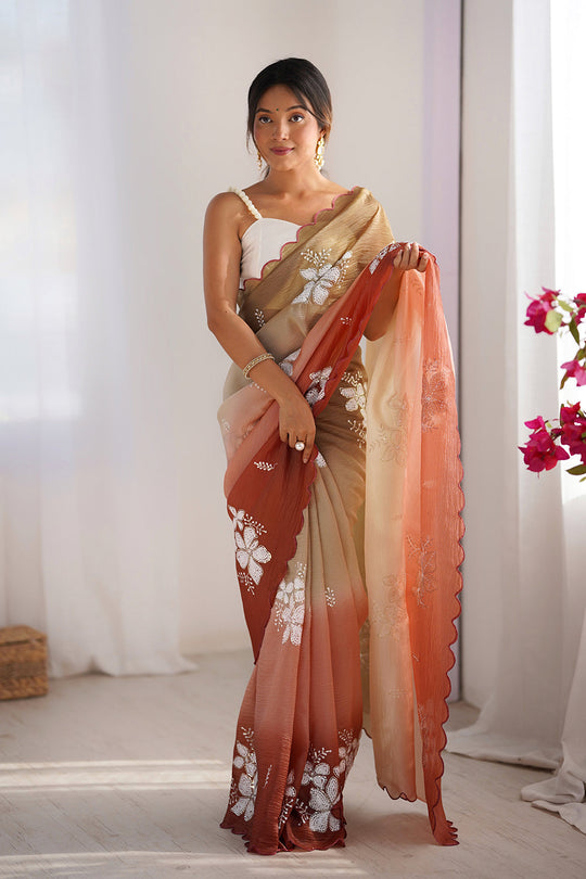 Multi Colour Crunchy Crush Pandding Dual Sequins Embroiderd Work Saree With Blouse Piece