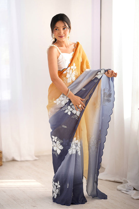 Multi Colour Crunchy Crush Pandding Dual Sequins Embroiderd Work Saree With Blouse Piece