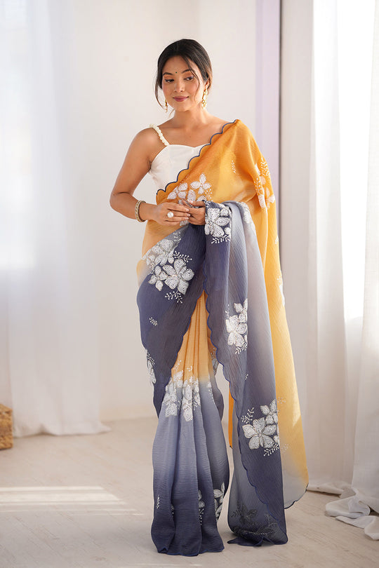 Multi Colour Crunchy Crush Pandding Dual Sequins Embroiderd Work Saree With Blouse Piece