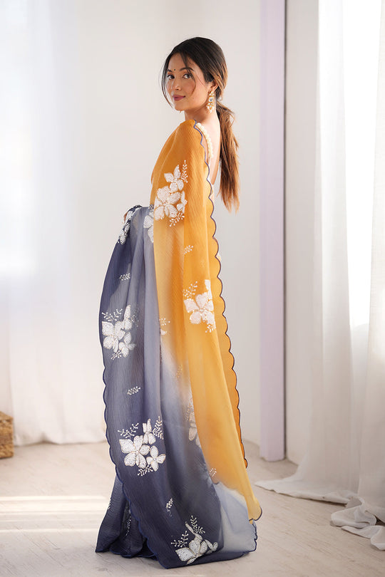 Multi Colour Crunchy Crush Pandding Dual Sequins Embroiderd Work Saree With Blouse Piece