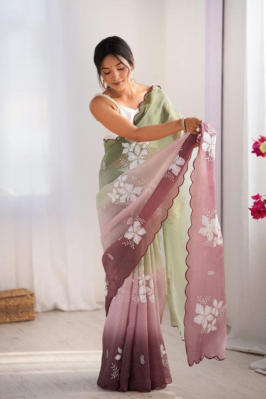 Multi Colour Crunchy Crush Pandding Dual Sequins Embroiderd Work Saree With Blouse Piece