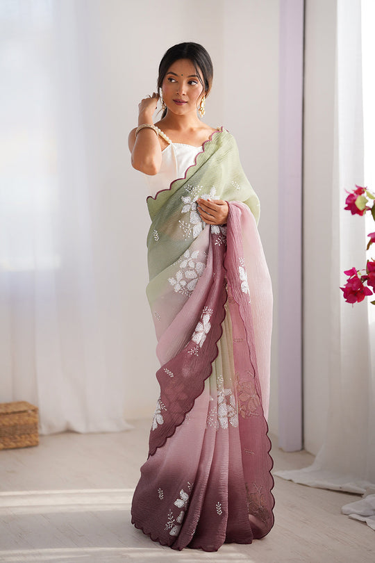 Multi Colour Crunchy Crush Pandding Dual Sequins Embroiderd Work Saree With Blouse Piece