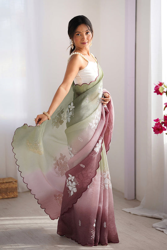 Multi Colour Crunchy Crush Pandding Dual Sequins Embroiderd Work Saree With Blouse Piece