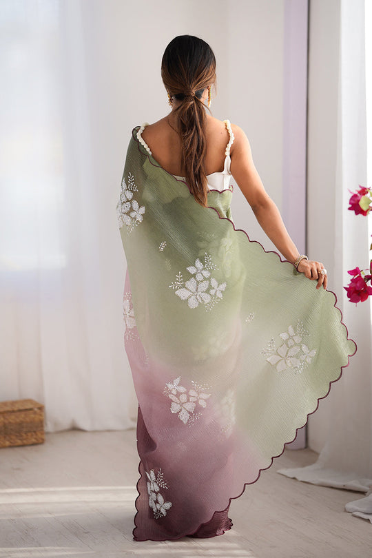 Multi Colour Crunchy Crush Pandding Dual Sequins Embroiderd Work Saree With Blouse Piece