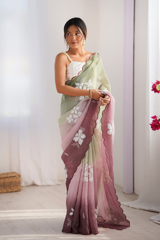 Multi Colour Crunchy Crush Pandding Dual Sequins Embroiderd Work Saree With Blouse Piece