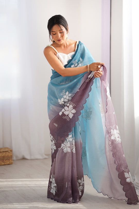 Multi Colour Crunchy Crush Pandding Dual Sequins Embroiderd Work Saree With Blouse Piece