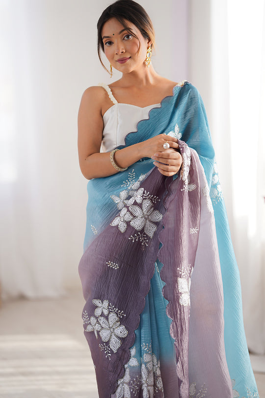 Multi Colour Crunchy Crush Pandding Dual Sequins Embroiderd Work Saree With Blouse Piece