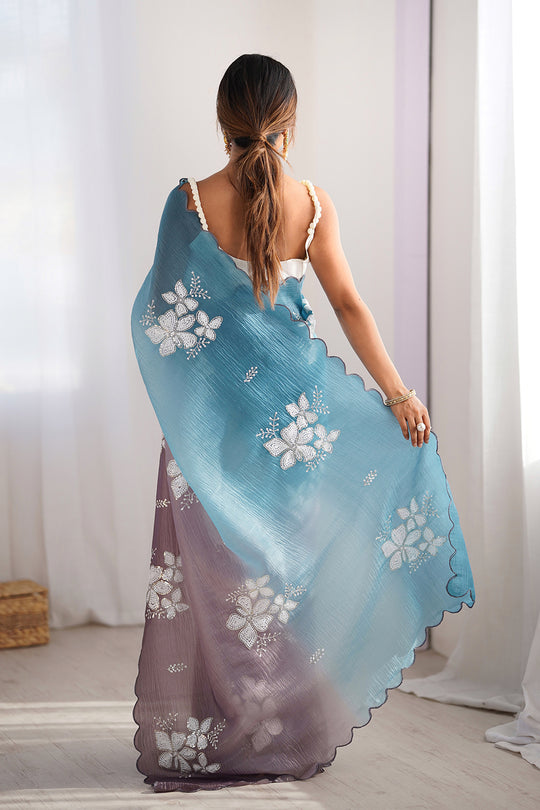 Multi Colour Crunchy Crush Pandding Dual Sequins Embroiderd Work Saree With Blouse Piece