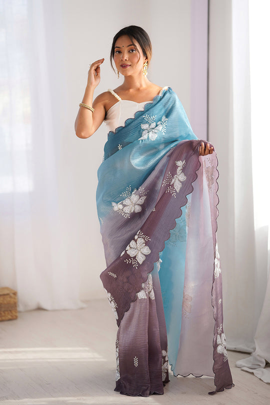 Multi Colour Crunchy Crush Pandding Dual Sequins Embroiderd Work Saree With Blouse Piece