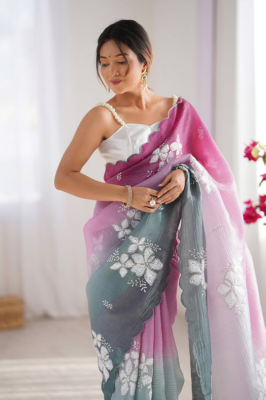 Multi Colour Crunchy Crush Pandding Dual Sequins Embroiderd Work Saree With Blouse Piece