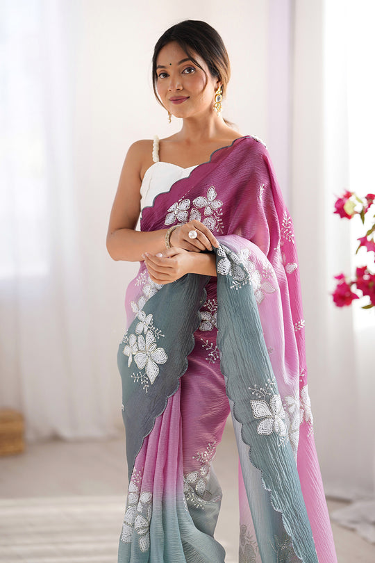 Multi Colour Crunchy Crush Pandding Dual Sequins Embroiderd Work Saree With Blouse Piece