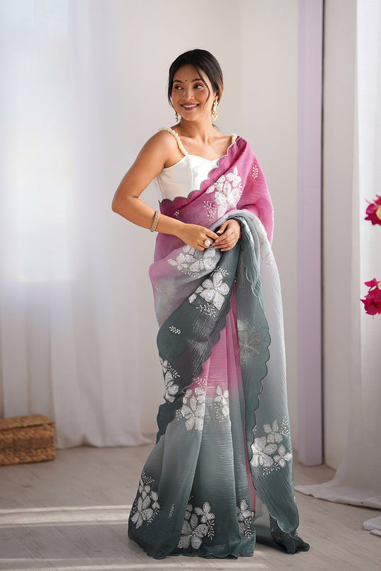 Multi Colour Crunchy Crush Pandding Dual Sequins Embroiderd Work Saree With Blouse Piece