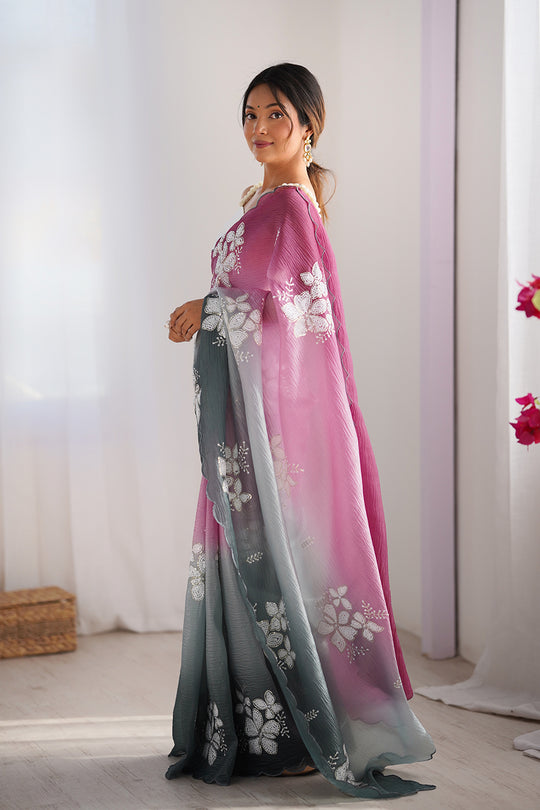 Multi Colour Crunchy Crush Pandding Dual Sequins Embroiderd Work Saree With Blouse Piece