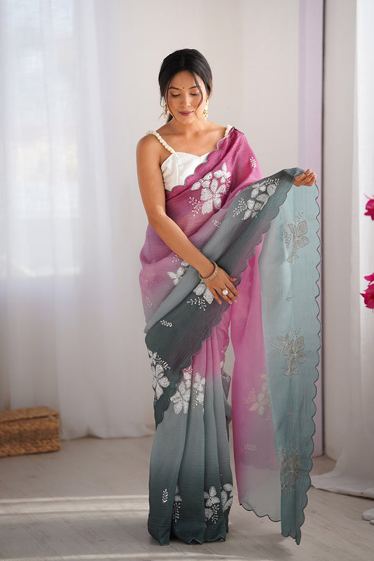 Multi Colour Crunchy Crush Pandding Dual Sequins Embroiderd Work Saree With Blouse Piece