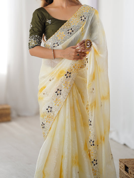 Yellow Fendy Badal Print Sequins And Cording Embroidered Work Saree With Blouse Piece