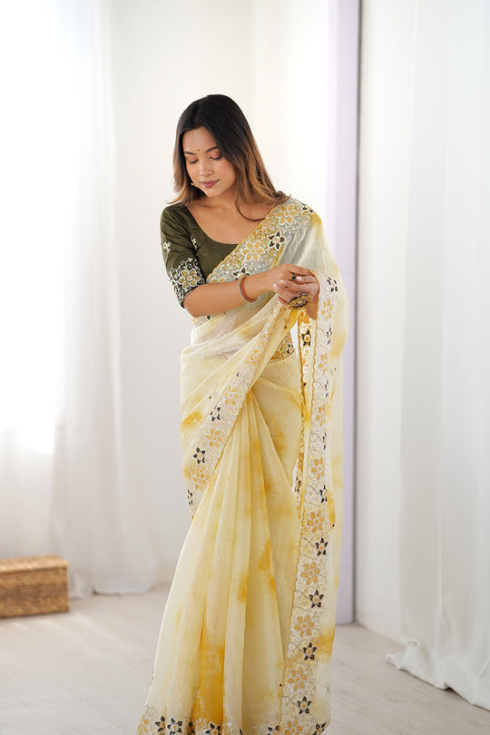 Yellow Fendy Badal Print Sequins And Cording Embroidered Work Saree With Blouse Piece