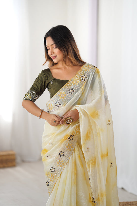 Yellow Fendy Badal Print Sequins And Cording Embroidered Work Saree With Blouse Piece