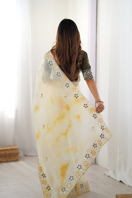 Yellow Fendy Badal Print Sequins And Cording Embroidered Work Saree With Blouse Piece