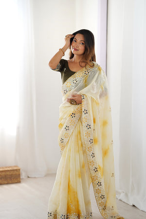 Yellow Fendy Badal Print Sequins And Cording Embroidered Work Saree With Blouse Piece