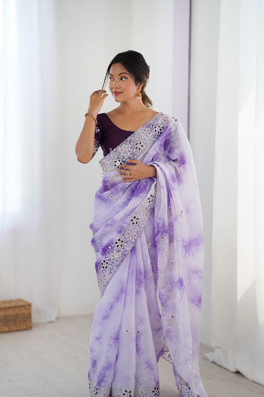 Lavender Fendy Badal Print Sequins And Cording Embroidered Work Saree With Blouse Piece