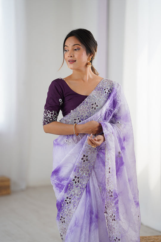 Lavender Fendy Badal Print Sequins And Cording Embroidered Work Saree With Blouse Piece