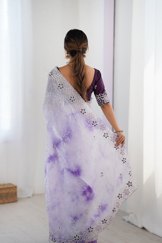 Lavender Fendy Badal Print Sequins And Cording Embroidered Work Saree With Blouse Piece