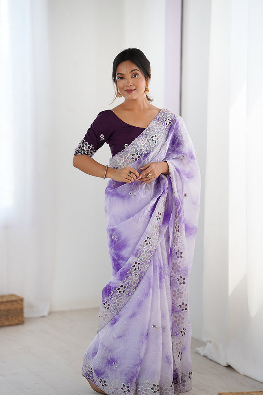 Lavender Fendy Badal Print Sequins And Cording Embroidered Work Saree With Blouse Piece