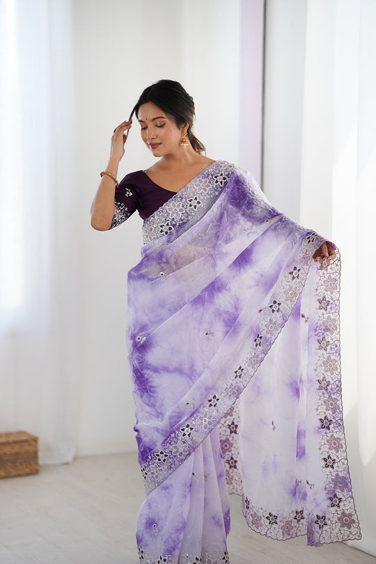 Lavender Fendy Badal Print Sequins And Cording Embroidered Work Saree With Blouse Piece