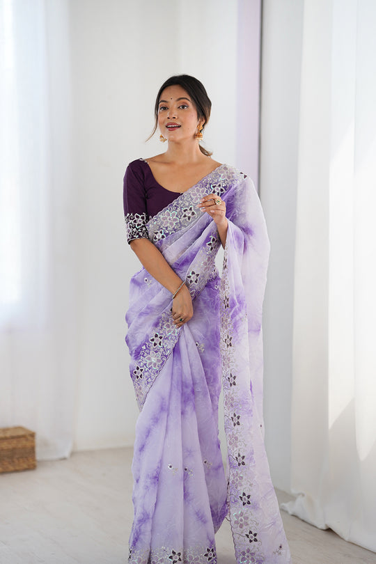Lavender Fendy Badal Print Sequins And Cording Embroidered Work Saree With Blouse Piece