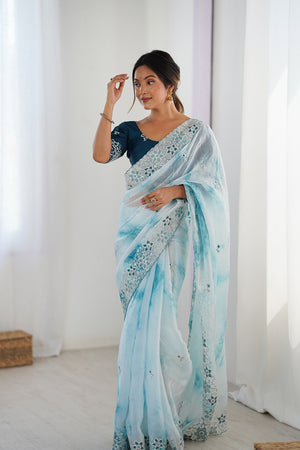 Light Blue Fendy Badal Print Sequins And Cording Embroidered Work Saree With Blouse Piece