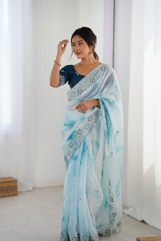 Light Blue Fendy Badal Print Sequins And Cording Embroidered Work Saree With Blouse Piece
