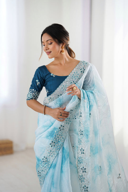 Light Blue Fendy Badal Print Sequins And Cording Embroidered Work Saree With Blouse Piece