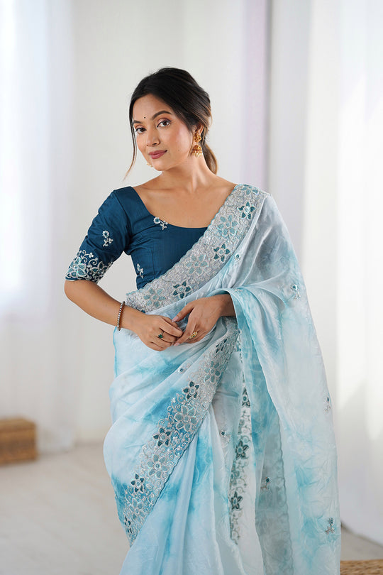 Light Blue Fendy Badal Print Sequins And Cording Embroidered Work Saree With Blouse Piece