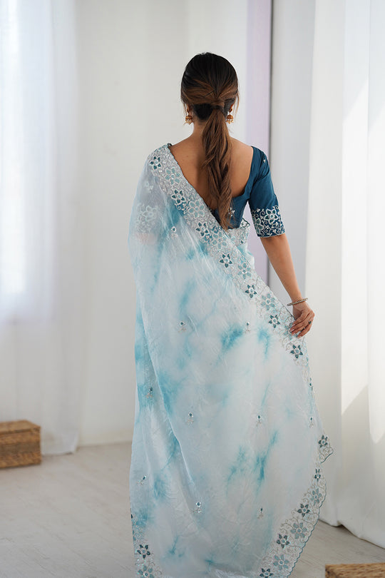 Light Blue Fendy Badal Print Sequins And Cording Embroidered Work Saree With Blouse Piece