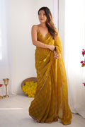 Mustard Nc Chiffon Chex With Cutdana Border Lace Saree With Blouse Piece
