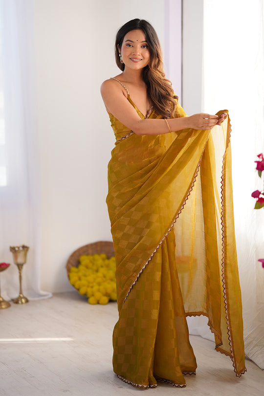 Mustard Nc Chiffon Chex With Cutdana Border Lace Saree With Blouse Piece