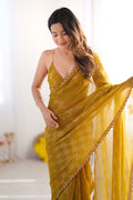 Mustard Nc Chiffon Chex With Cutdana Border Lace Saree With Blouse Piece
