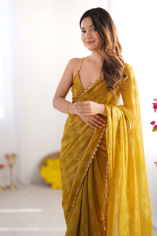 Mustard Nc Chiffon Chex With Cutdana Border Lace Saree With Blouse Piece