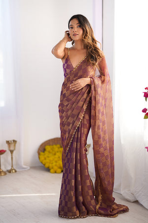 Brown Nc Chiffon Chex With Cutdana Border Lace Saree With Blouse Piece