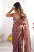 Brown Nc Chiffon Chex With Cutdana Border Lace Saree With Blouse Piece